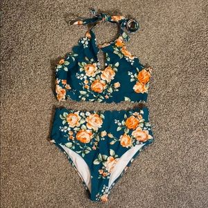 Cupshe Teal Floral Scalloped Bikini